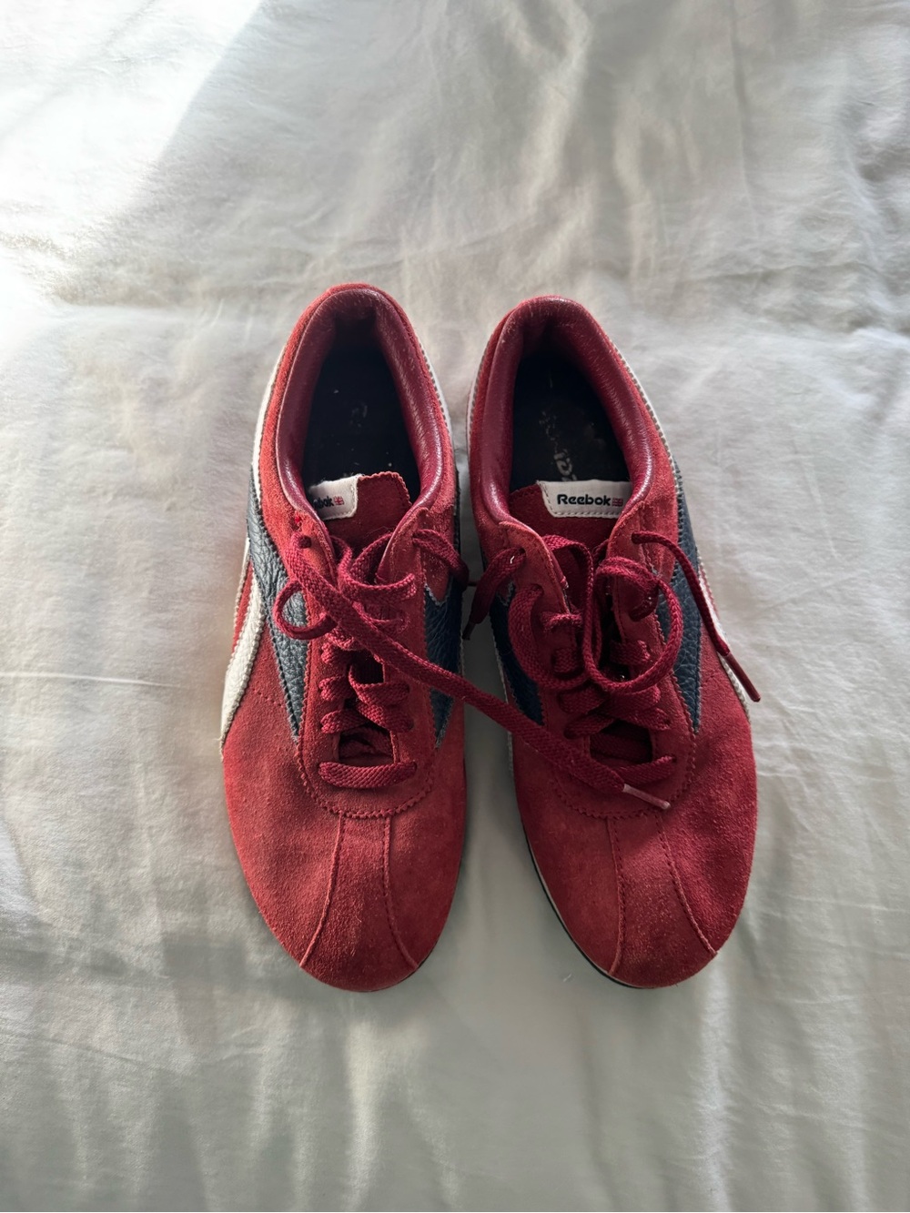 Reebok R400 Red Suede Low-Top Sneakers with Navy and White Accents